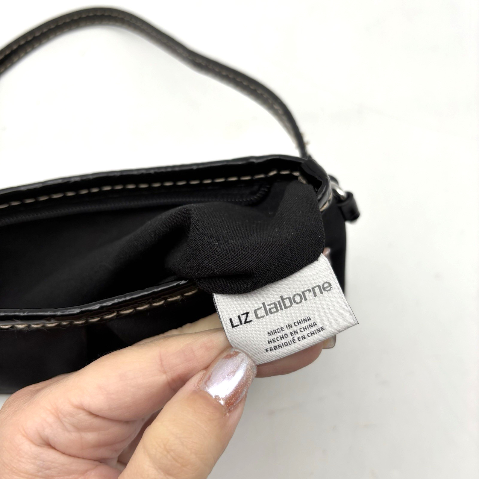Liz Claiborne Black Polyester Faux Patent Trim Micro Wristlet Pouch Purse 7.25″