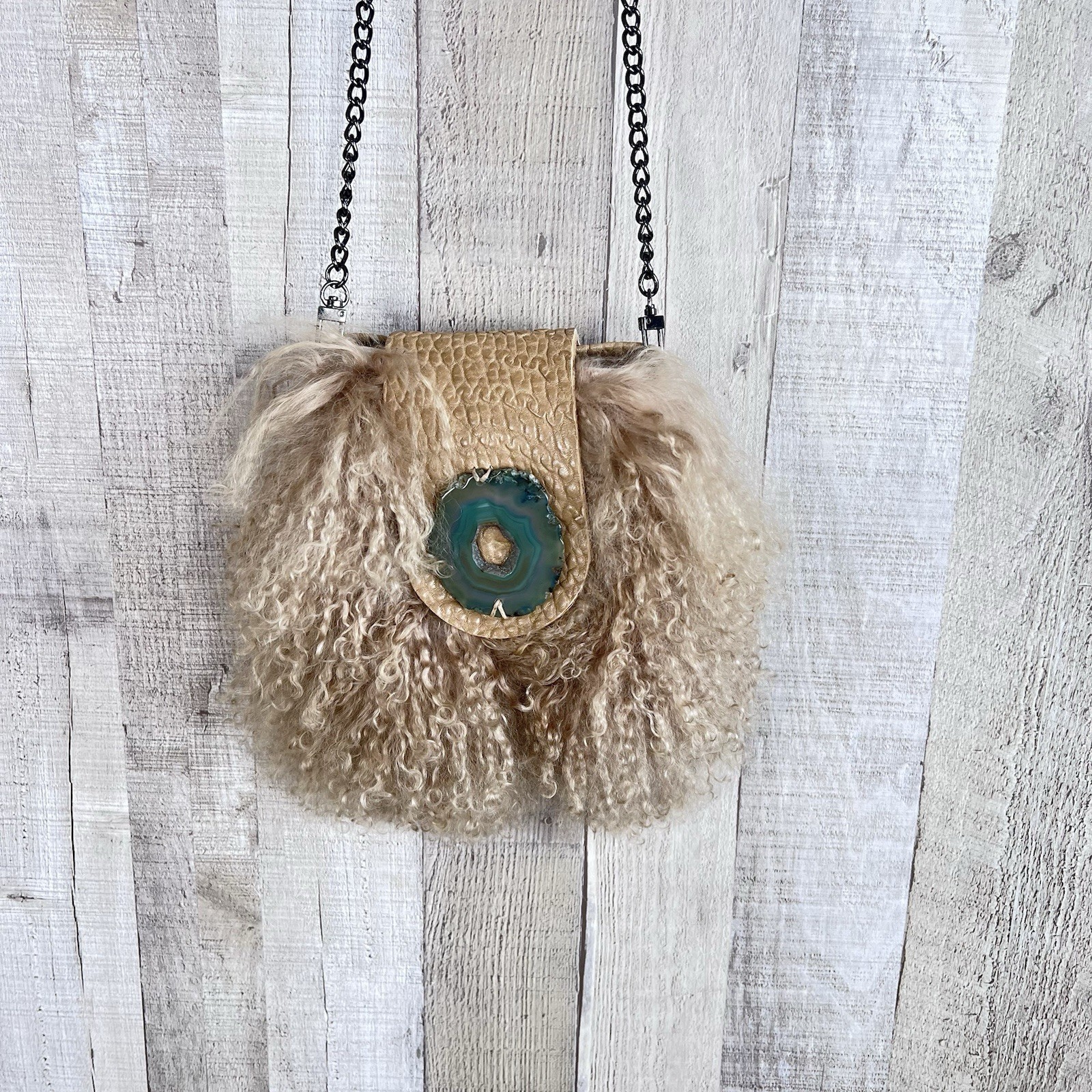 Evoke Real Lamb Mongolian Curly Fur Leather Purse Agate Stone Crossbody Chain