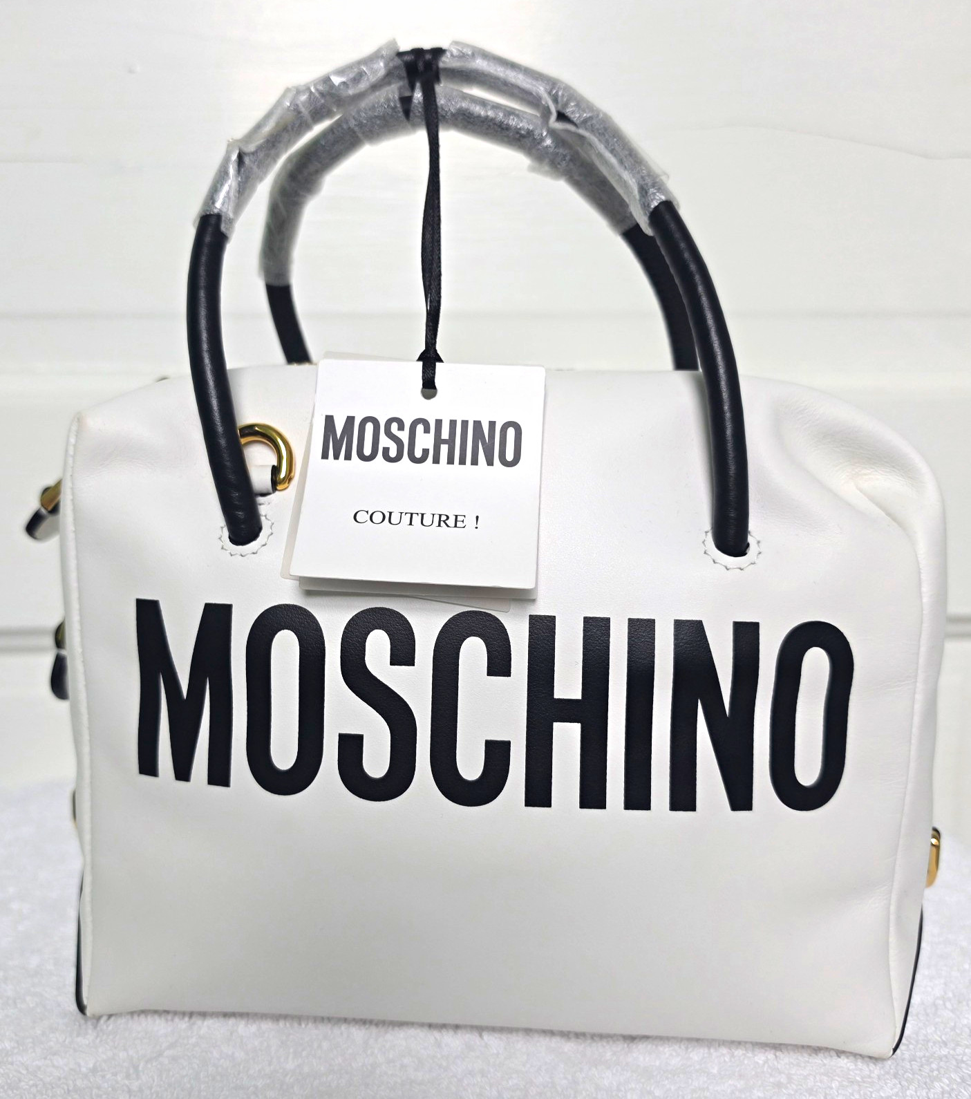 Moschino Couture! Logo Satchel Top Handle Zip w/ Detachable Strap Gold Tone HW