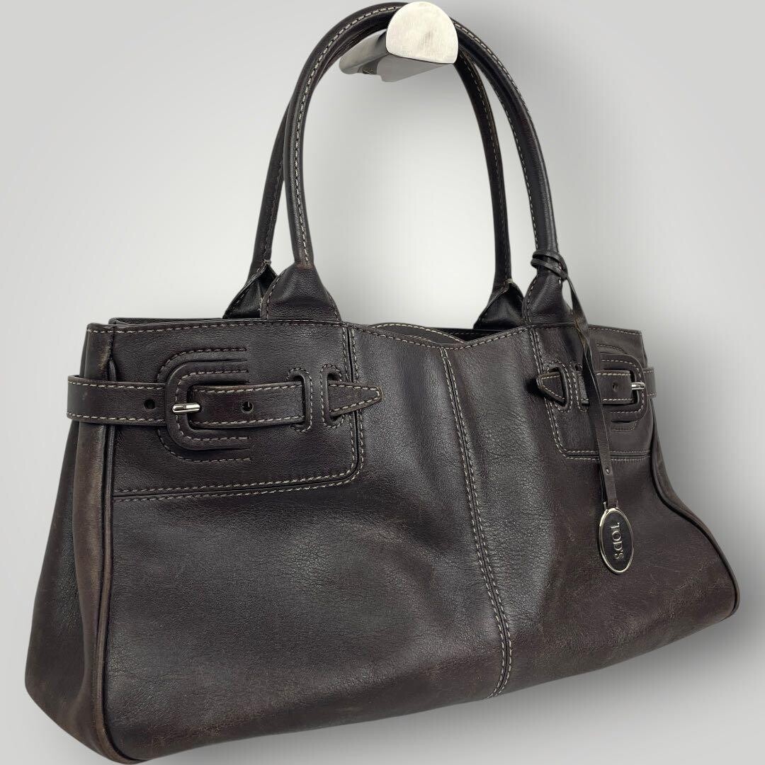 Tods Leather Tote Bag Dark Brown Charm Top Handle Side Belt Large 38cm W38cm