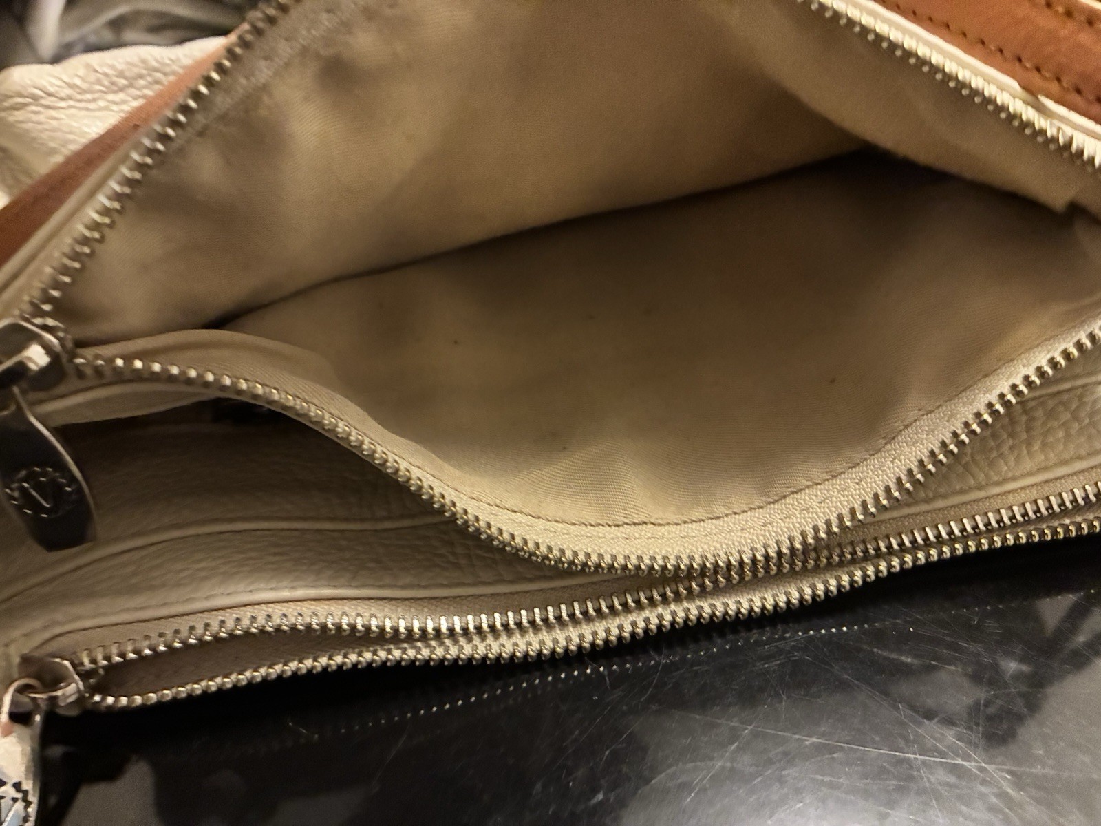 Valentina Pebbled Beige/Brown Shoulder Bag Logo Plaque Zipper Lined Pockets