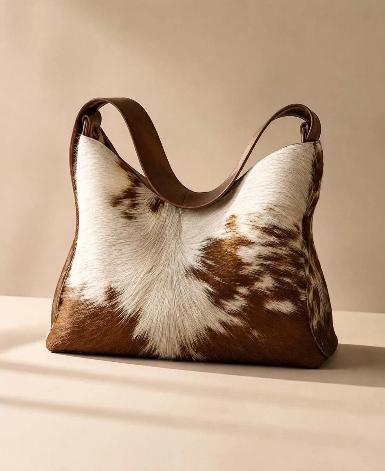 Genuine Cowhide Leather Tote Bag Hair-On Brown White Shoulder Handbag Western
