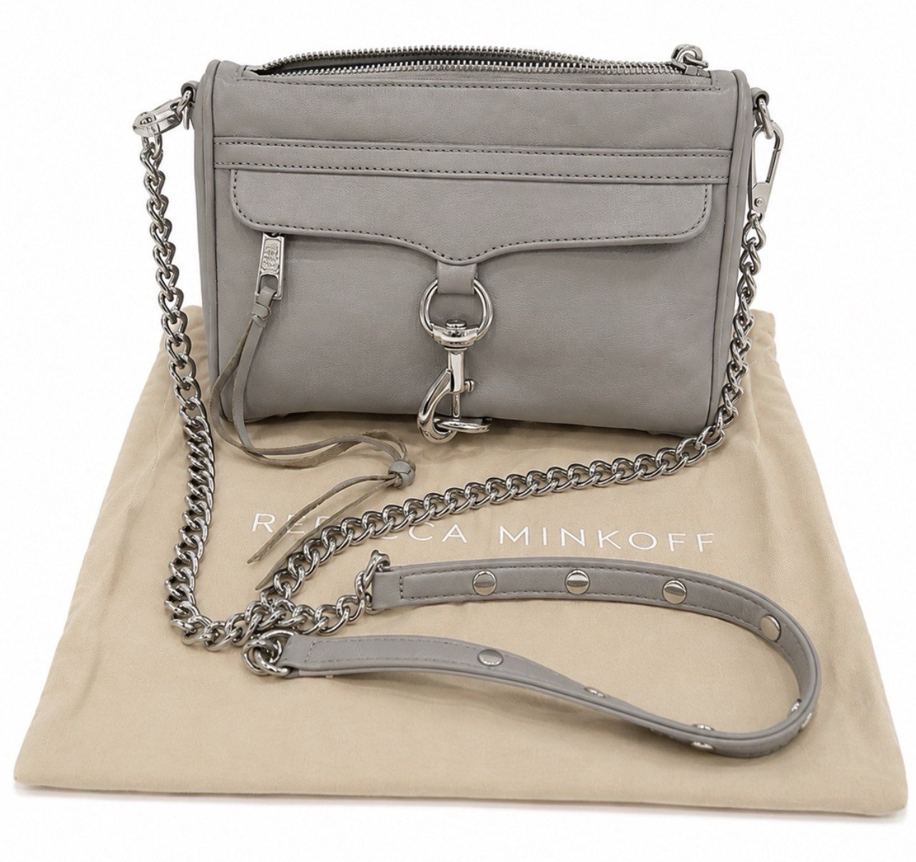 Rebecca Minkoff Mini MAC Gray Leather Crossbody Bag Silver Chain Strap Dust Bag