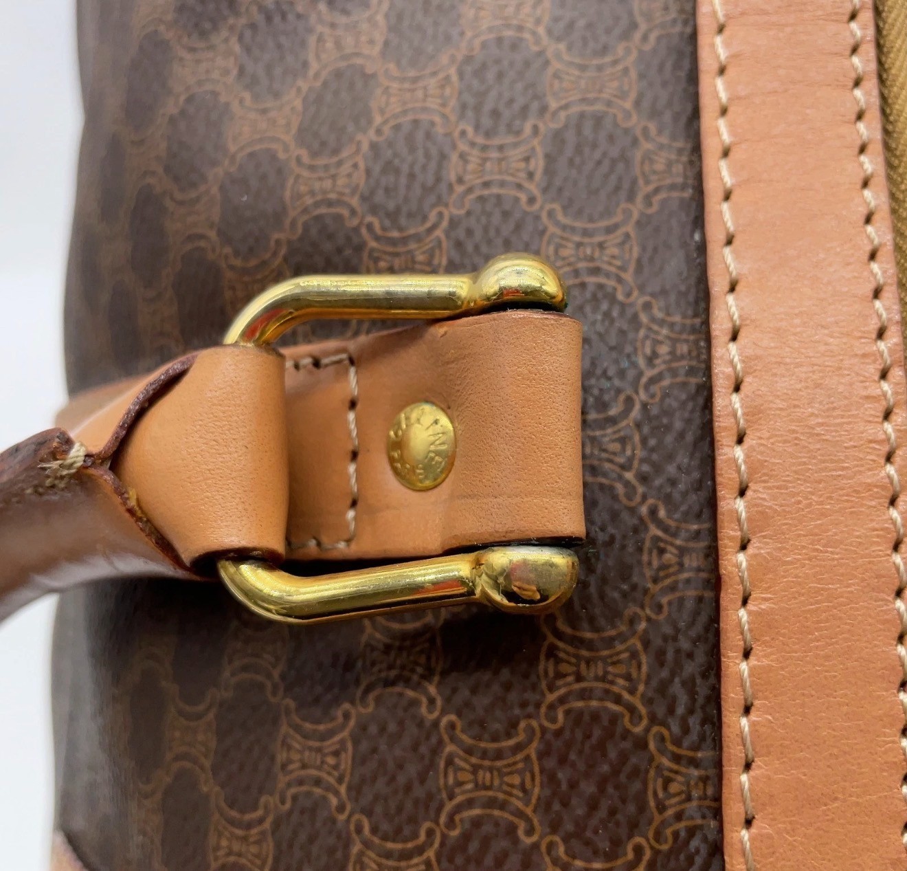 Authentic Celine Macadam pattern PVC leather brown Boston bag 40 w/Padlock