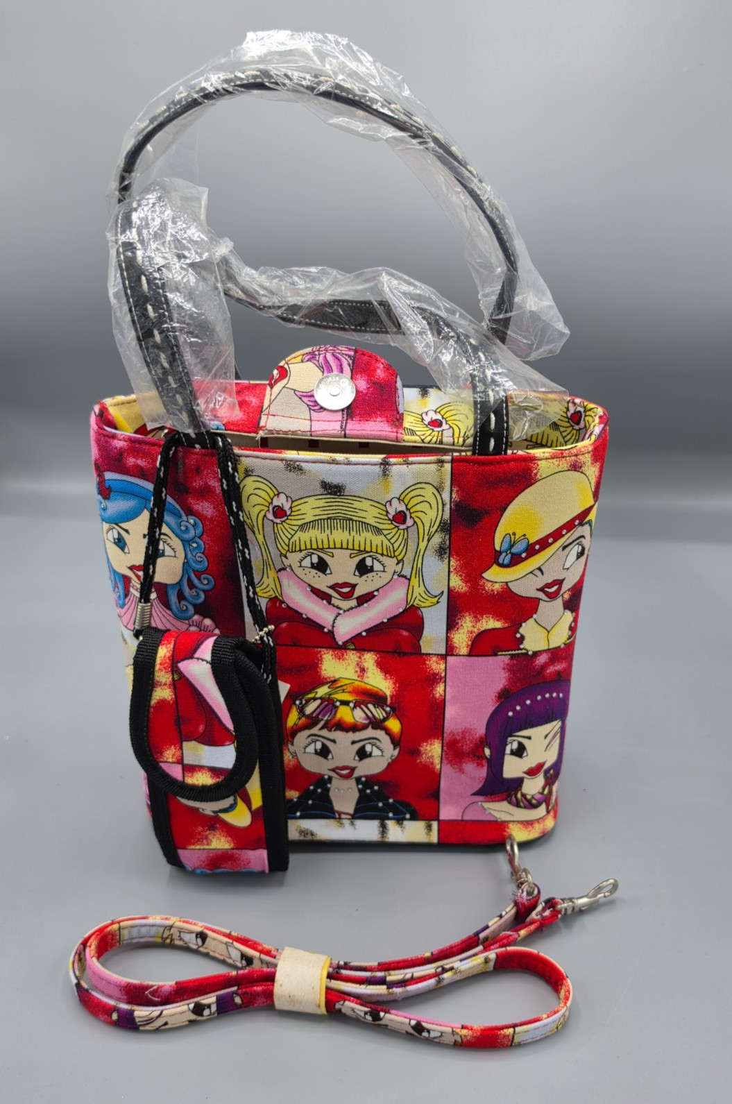 Colorful Pop‑Art Cartoon Print Handbag with Matching Cellphone Pouch