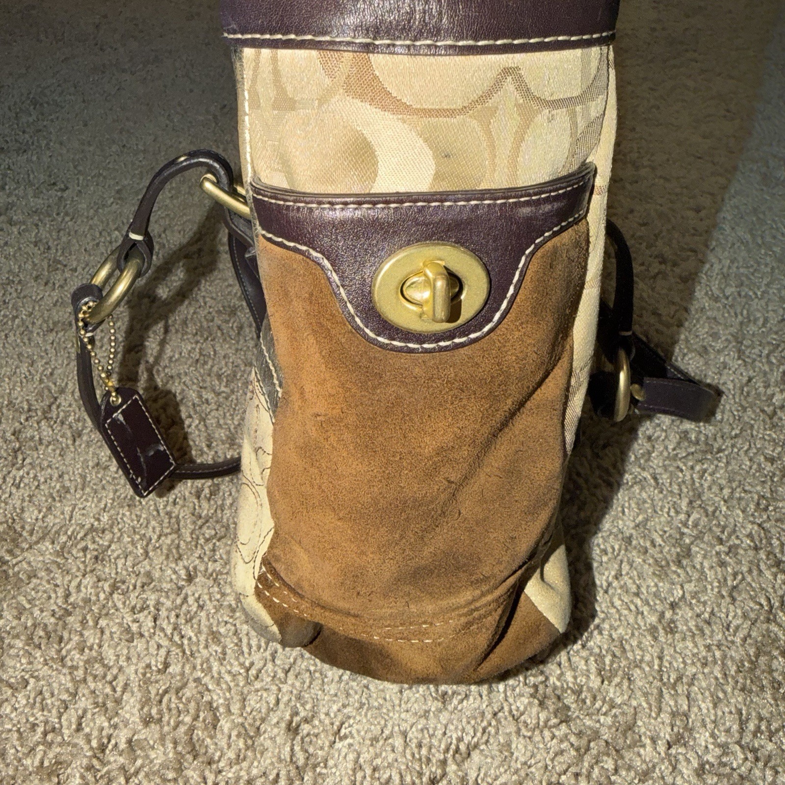 Coach Signature patchworkLogo Tote Bag Medium Beige/Brown Zip Top, Gold Hardware