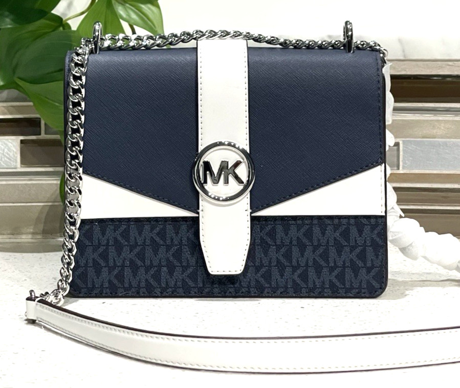 MICHAEL KORS GREENWICH SMALL FLAP CROSSBODY NAVY BLUE WHITE MK CHAIN BAG ADMIRAL