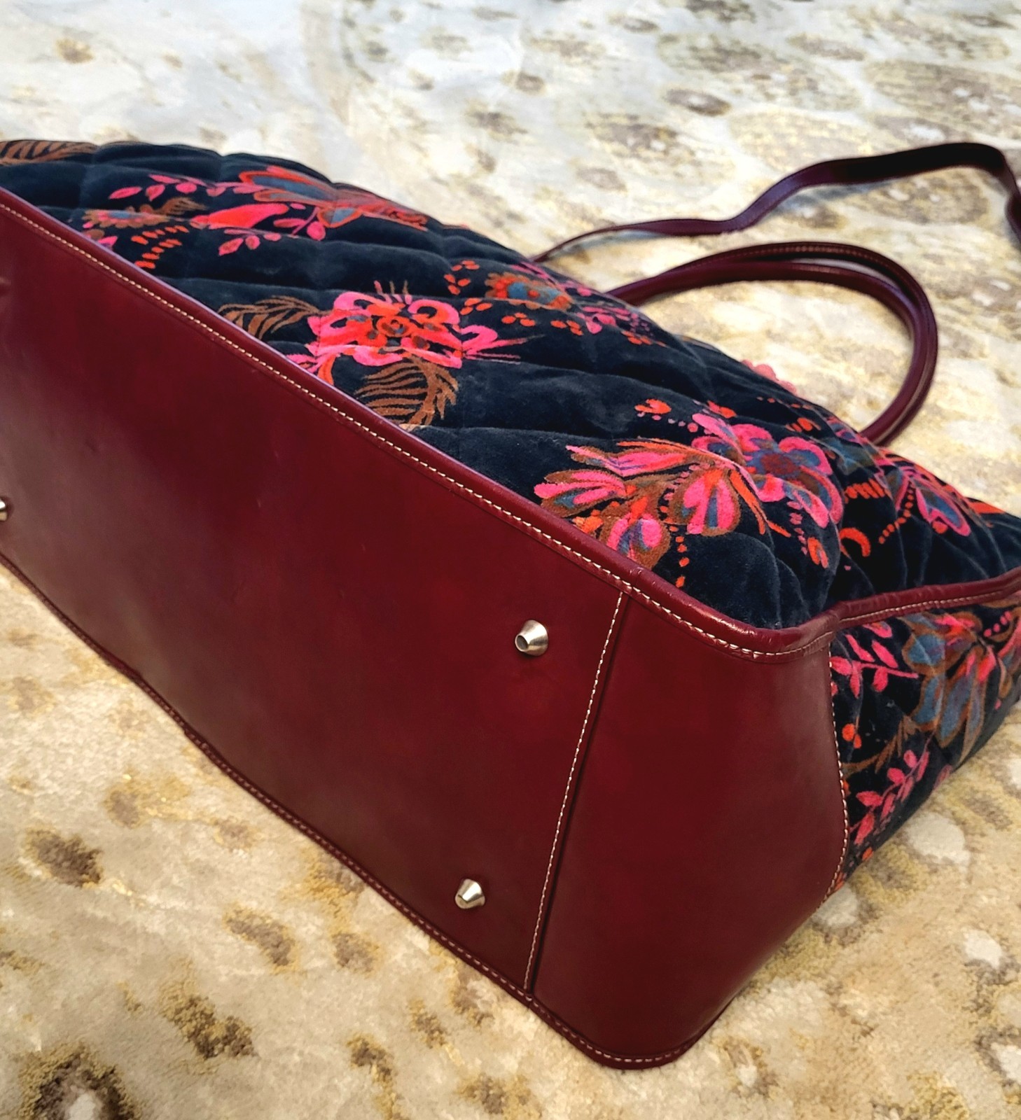 Authentic Vintage Oilily Bag Velour with Burgundy Leather Handles/ Base Interior