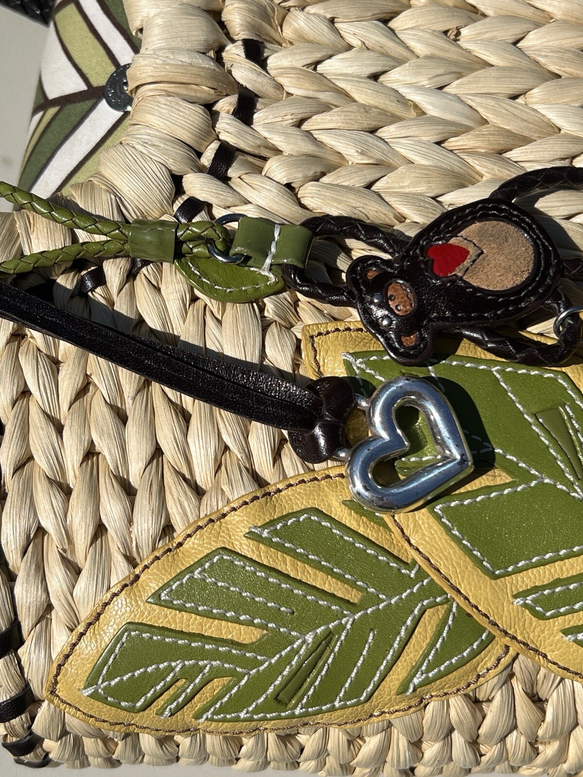 BRIGHTON MACY MONKEY HEART CHARMED TROPICAL LEATHER APPLIQUE SHOULDER HANDBAG