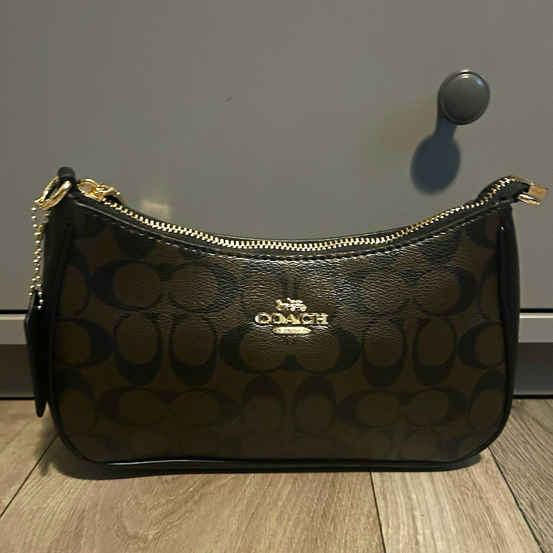Coach Black and brown Signature Teri Shoulder Bag w/ short and long Strap.