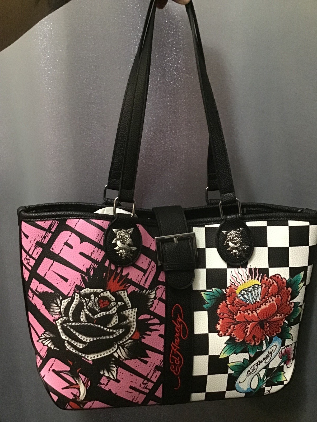 NWT ED Hardy Tote Bag Logo Tiger Rhinestone Rose Floral Print Shoulder Purse