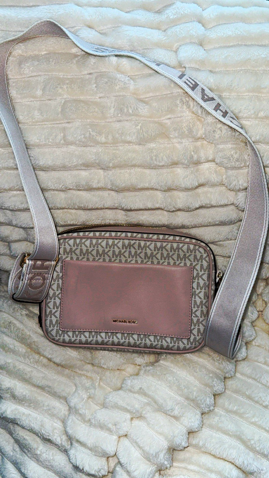Michael Kors MK Logo Beige/Pink Small Crossbody Bag Zip Closure