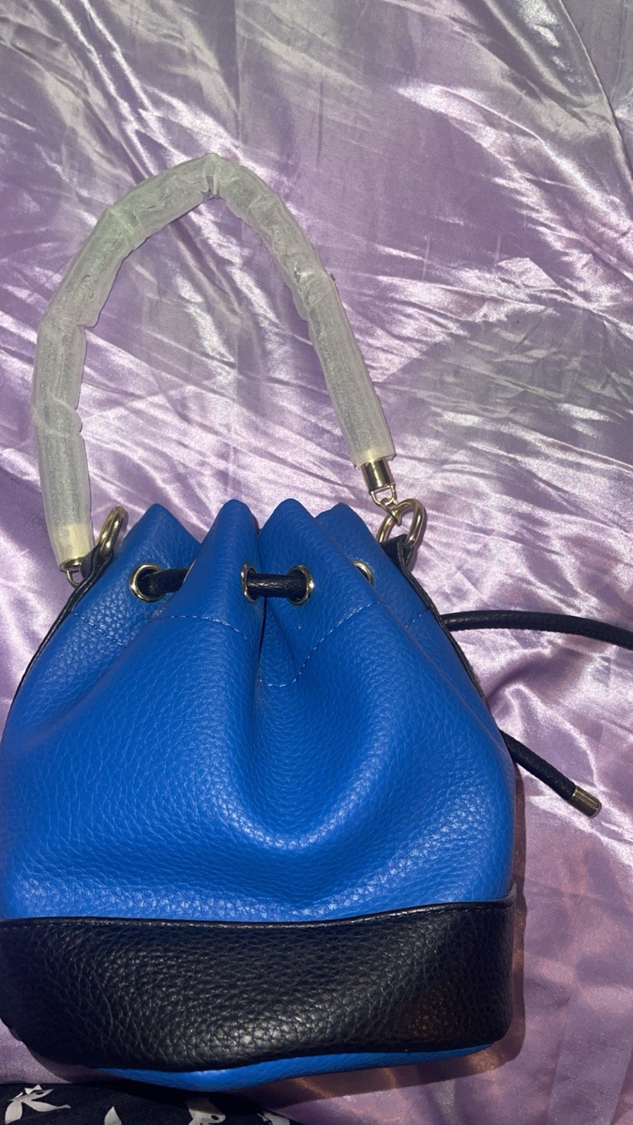 Mini Blue/Black Drawstring Bucket Bag Top Handle, Adjustable Detachable Strap