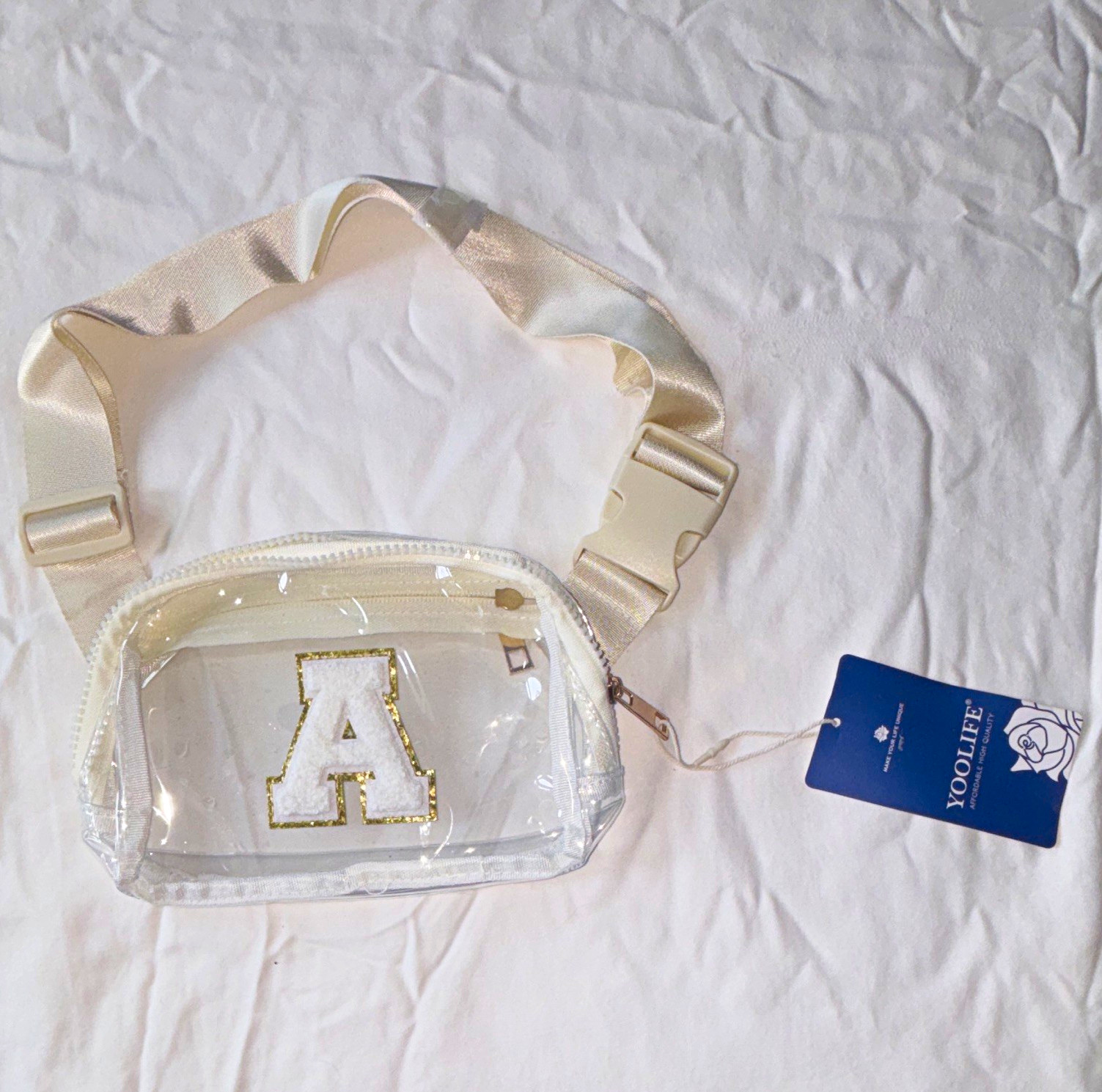YOOLIFE Clear White Belt Bag Fanny Pack Zip Closure Adjustable Strap Letter A
