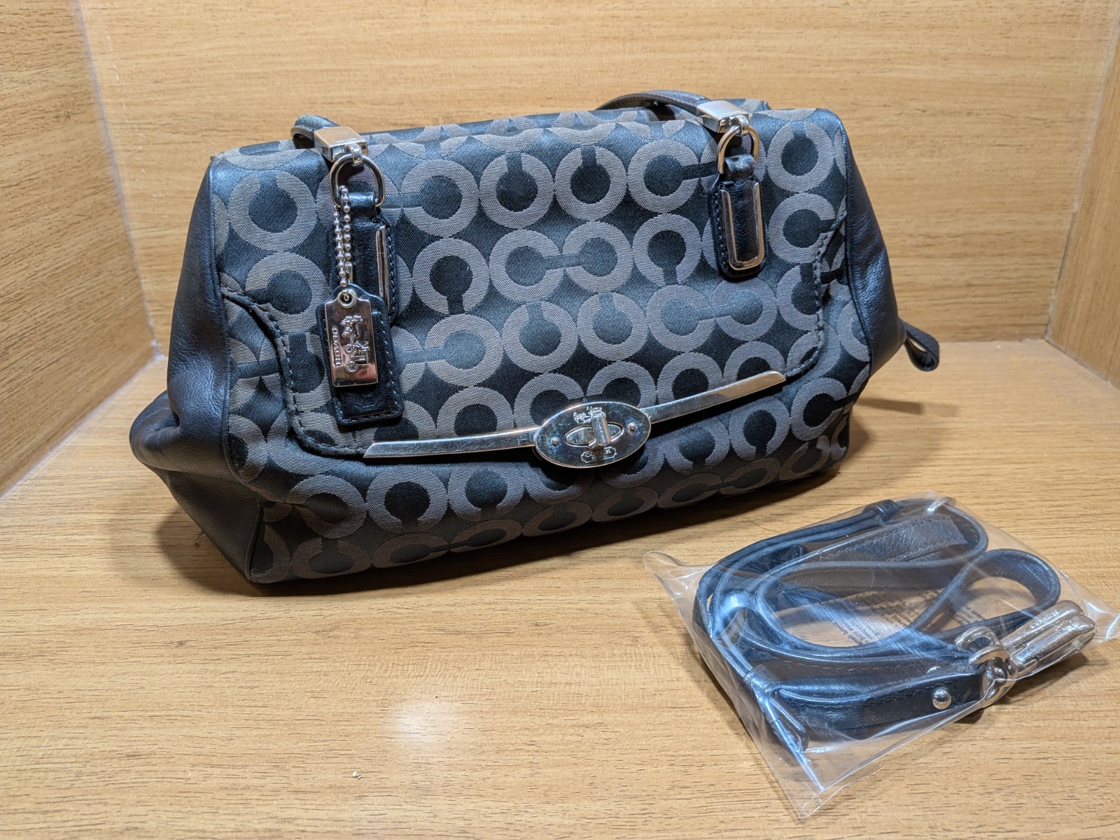 Coach Small Black Purse/Bag Madison OP art Logo Madeline purple lining Bag 13”.
