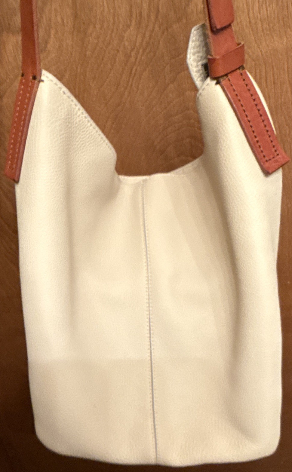 ECCO Beige w/Brown trim Crescent Shoulder Bag Zip Top Adjustable Strap 16x30x6
