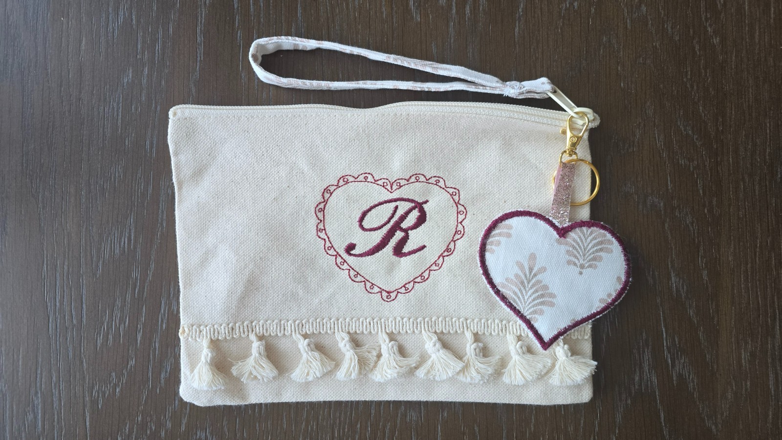 Canva Wristlet Monogram Initial, Heart Machine Embroidered Handmade