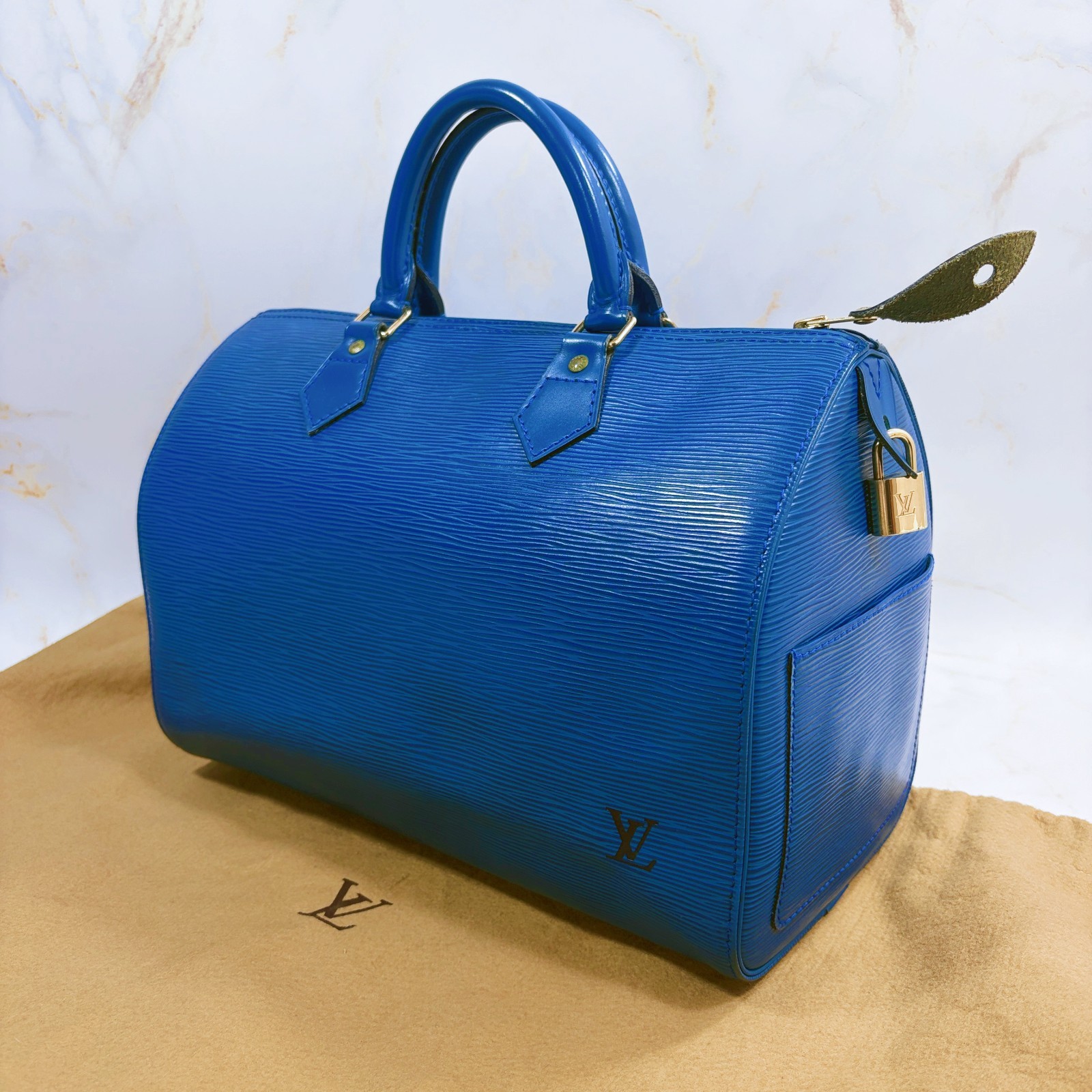 Louis Vuitton Epi Speedy 30 Boston Bag Handbag Blue Leather LV Authentic