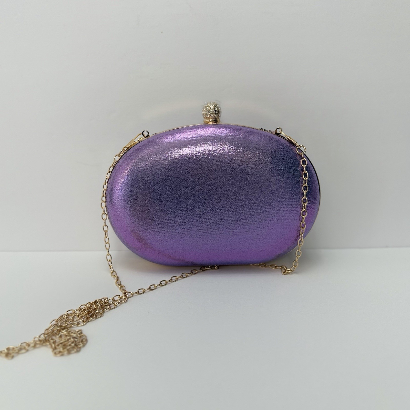 Purple Crystal Oval Clutch Chain Strap Gold Hardware Kiss Lock Beaded Accent
