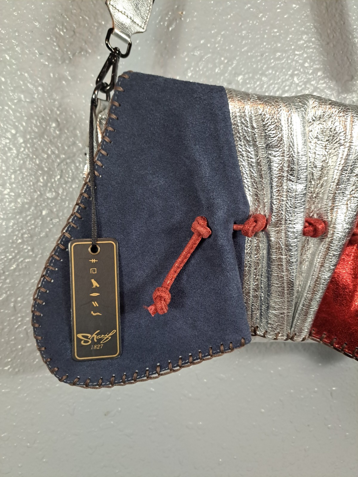Sharif Legacy Eel Skin Leather Rocketed Top Zip Crossbody Bag Silver Red Blue