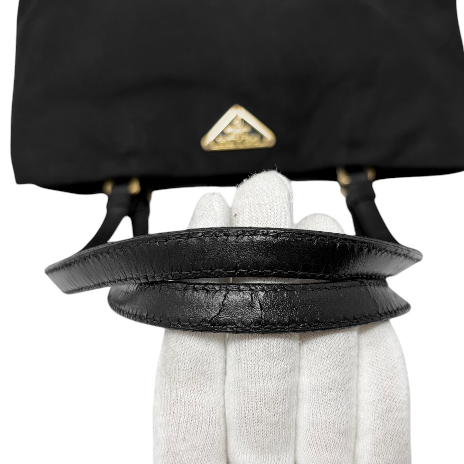 PRADA Vintage Triangle Logo Tessuto Tote Shoulder Bag Black Gold Nylon 902298