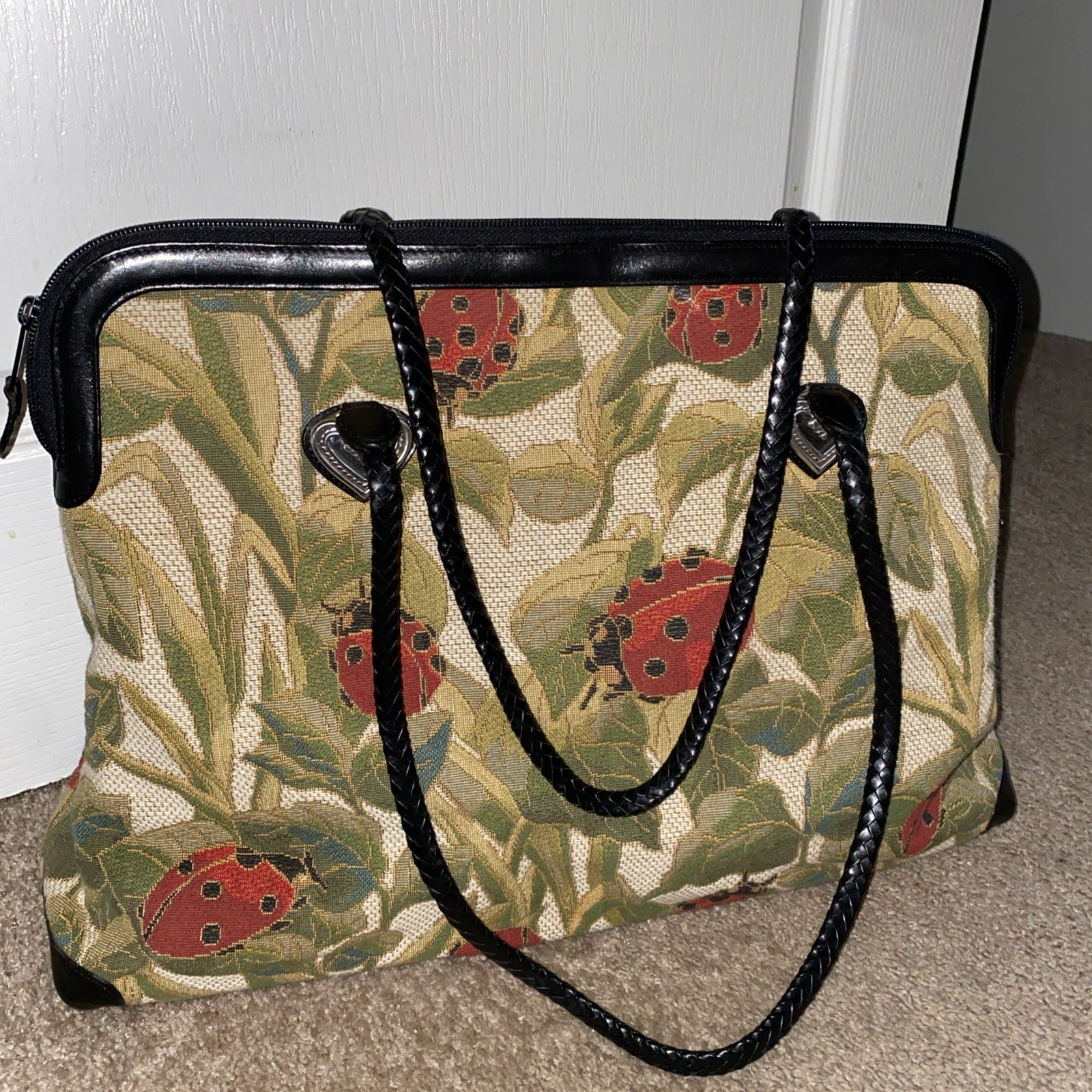 Brighton Alyssa Ladybug Tapestry Leather Satchel Weekender Bag Tote Large Travel