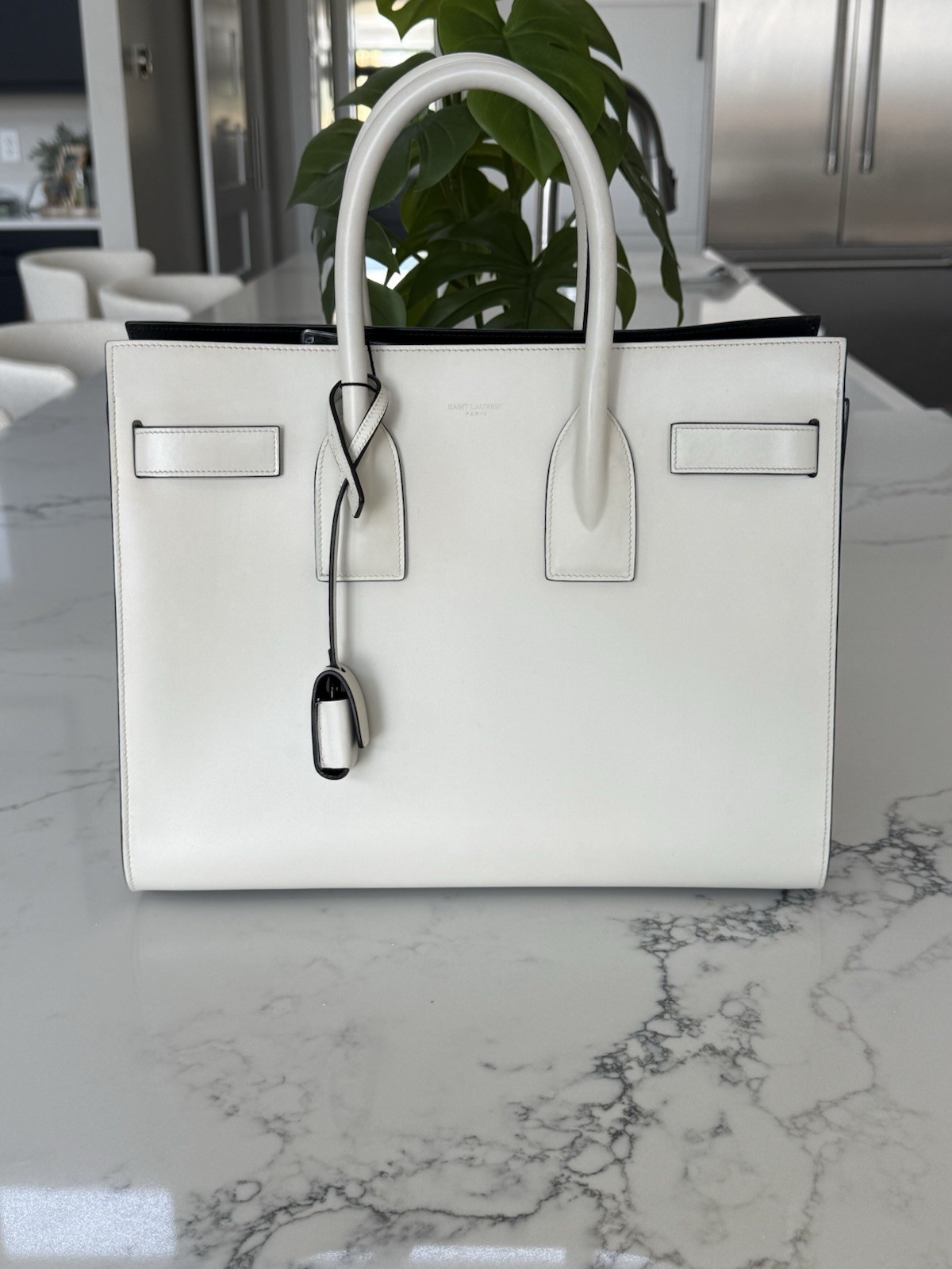 Saint Laurent YSL Sac de Jour Small White Black Leather Bag Strap Lock Keys