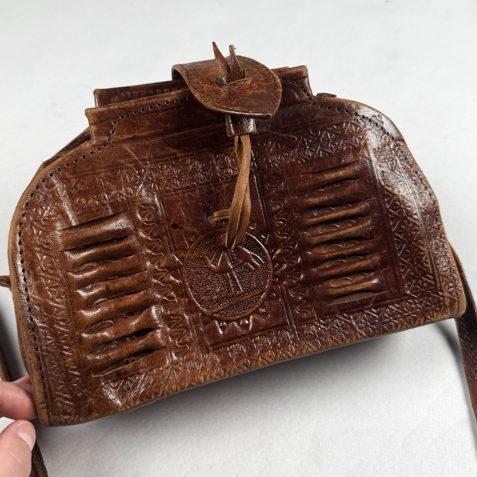 Vintage Brown Genuine Leather Tooled Crossbody Shoulder Bag Boho Western Handmad