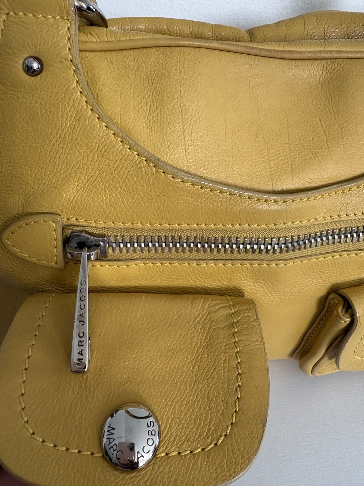 Marc Jacobs Y2K Leather Satchel Yellow Bag Purse Double Utility Pockets.