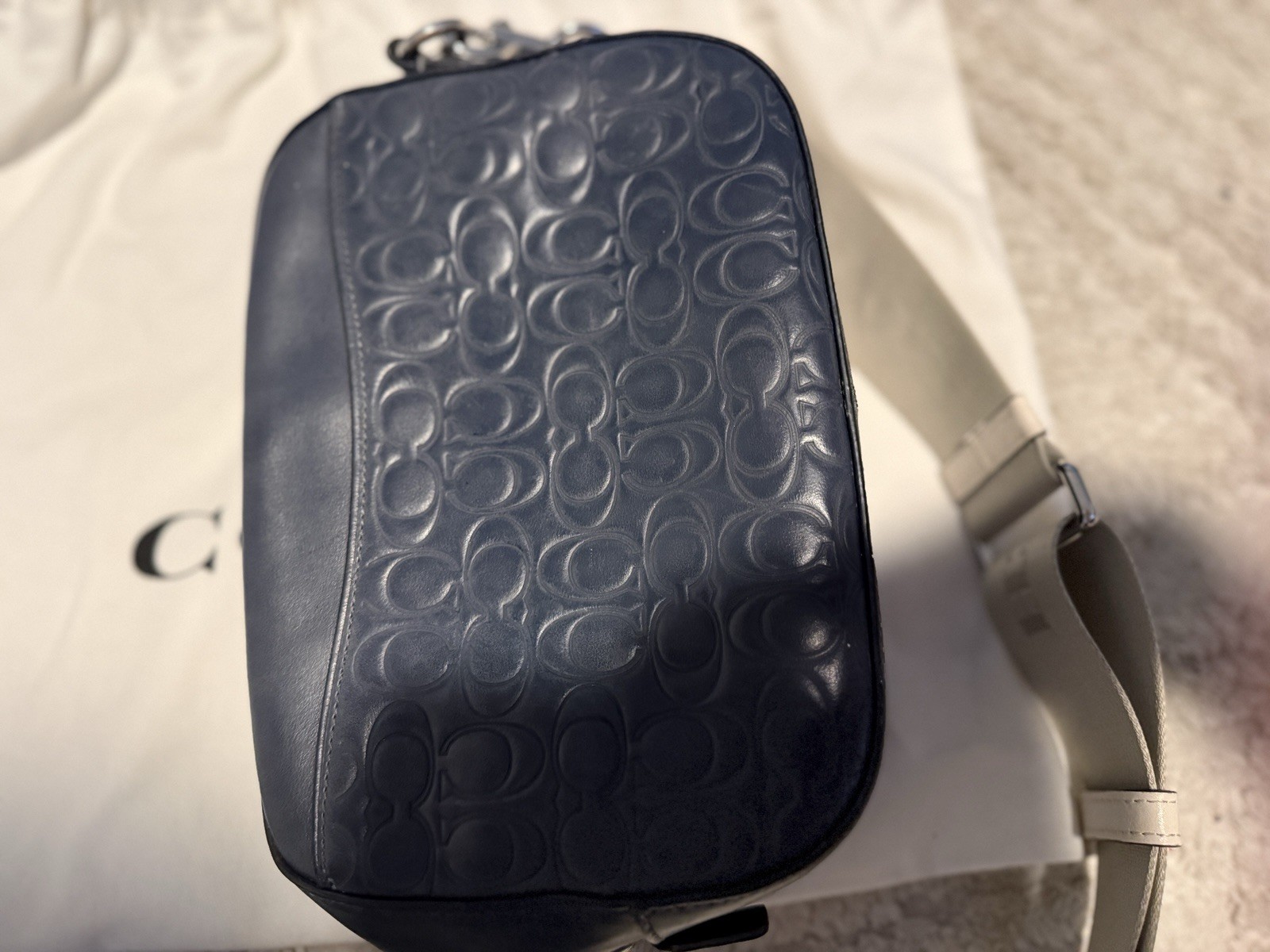 Coach Navy Embossed Leather Camera Bag with Ivory Strap