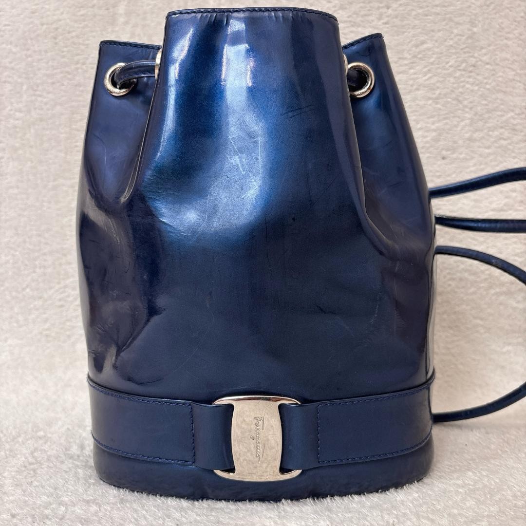 Salvatore Ferragamo Mini Bucket Backpack Enamel Navy 23cm x 21cm x 11.5cm Authen