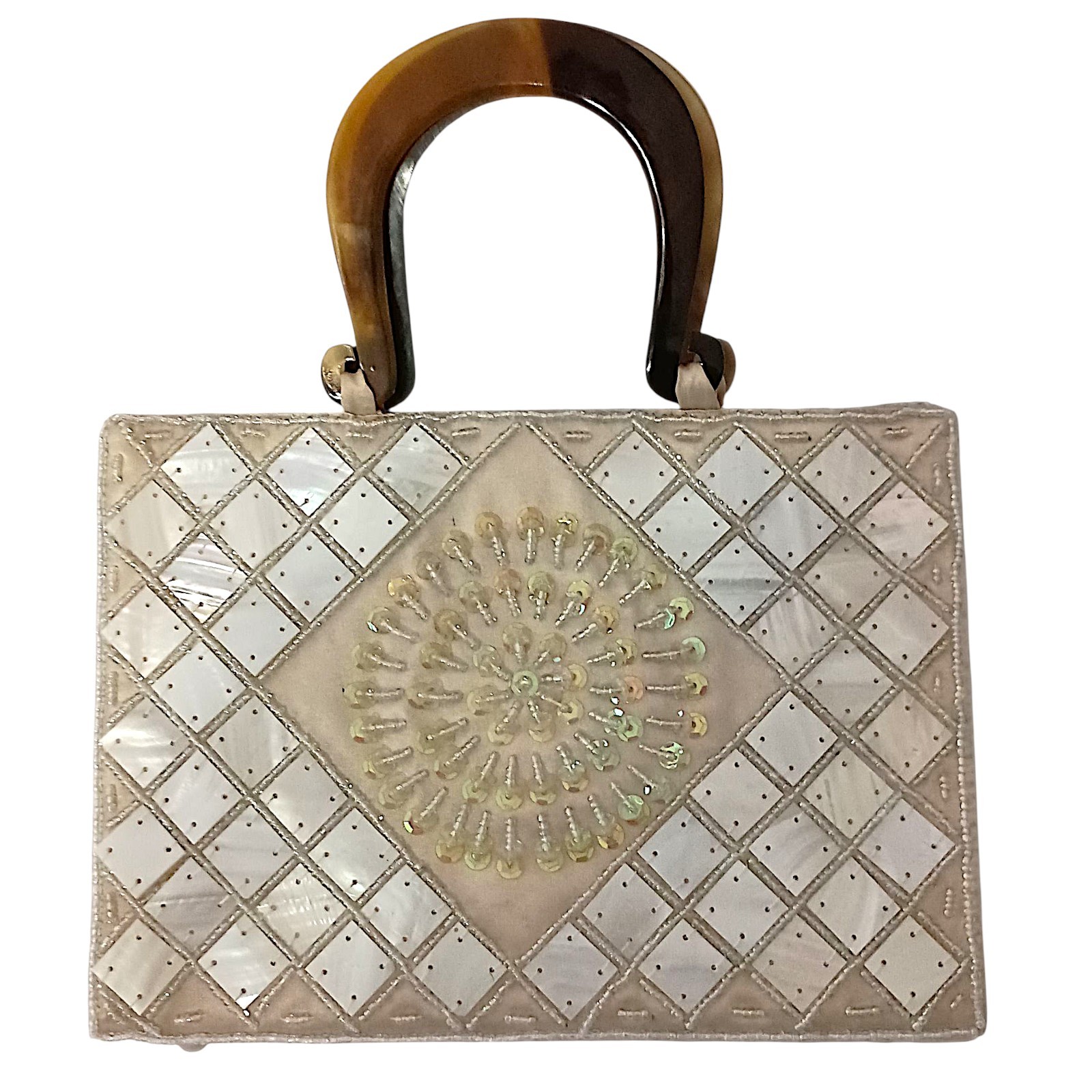 Mod by Design Mosaic Bag Mother Of Pearl Beaded Satin Lucite Handles MCM Vtg