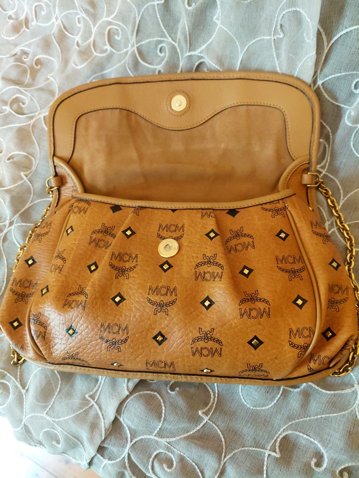 Rare Vintage MCM Visetos Chain Flap Shoulder Bag Purse Cognac