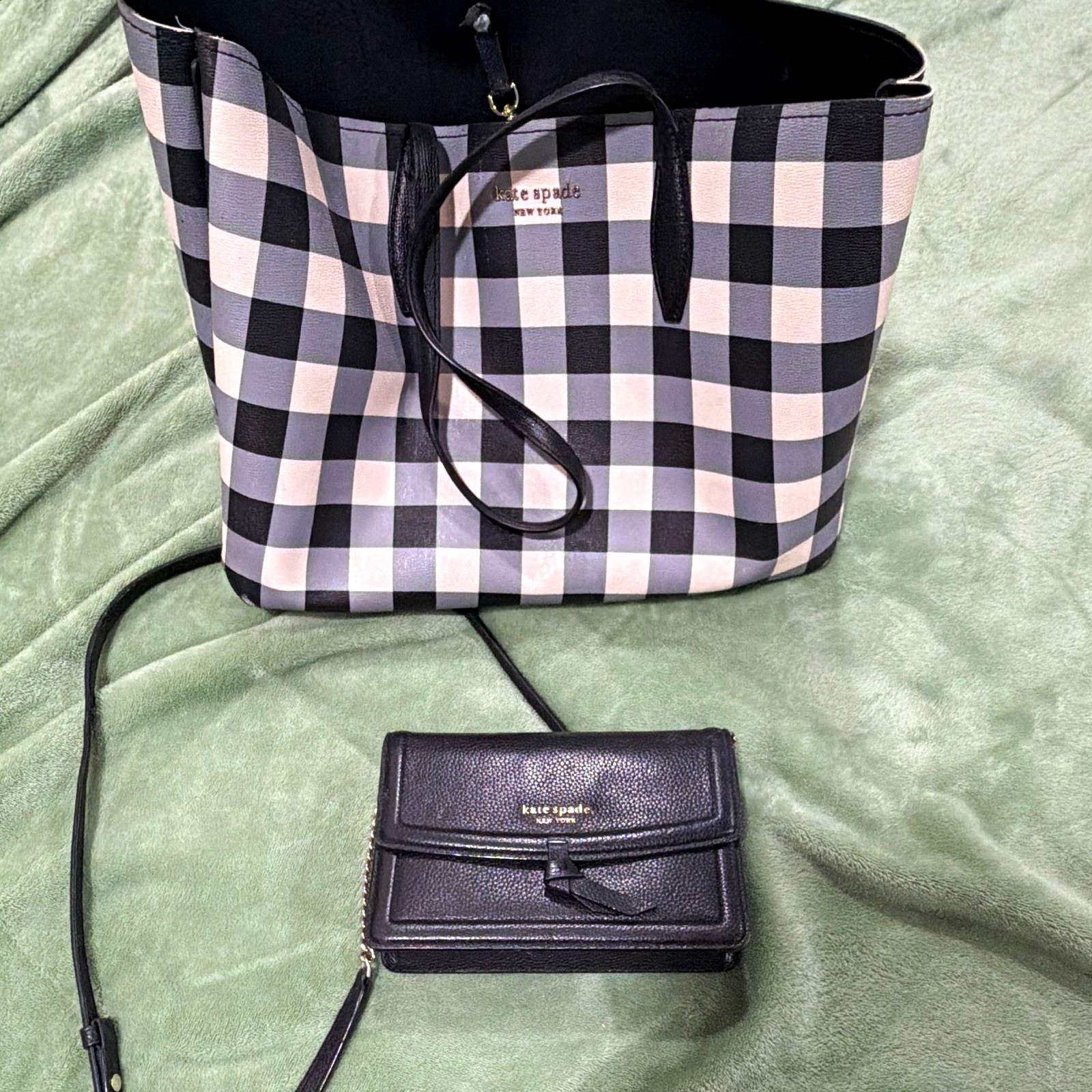 Kate Spade New York Black/White Gingham Tote, Zipper, Strap, Gold Hardware