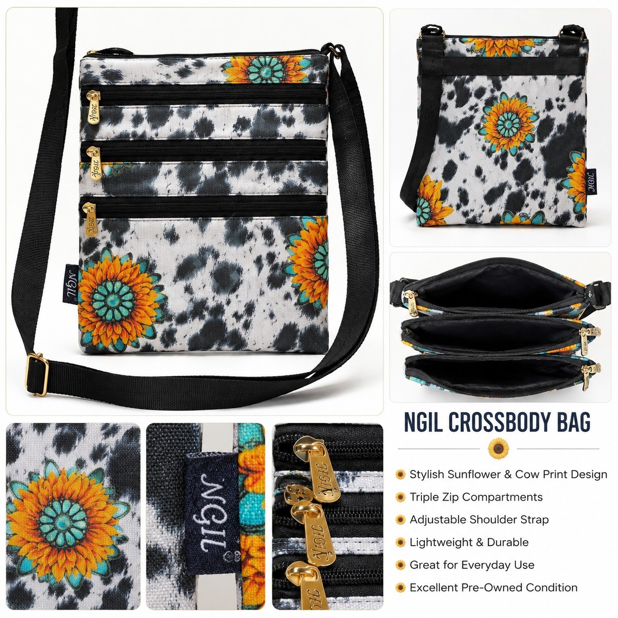 NGIL Sunflower Cow Animal Print Crossbody Bag Triple Zip Adjustable Strap