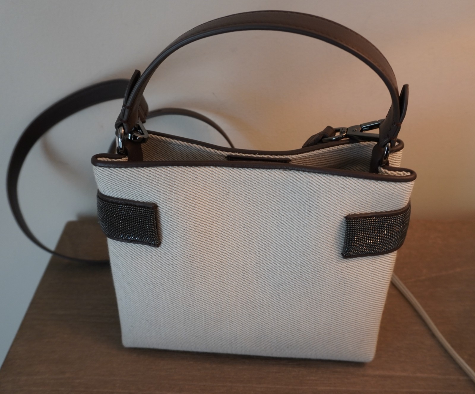 Brunello Cucinelli Essence Bag Canvas Natural Top Handle Monili Crossbody New