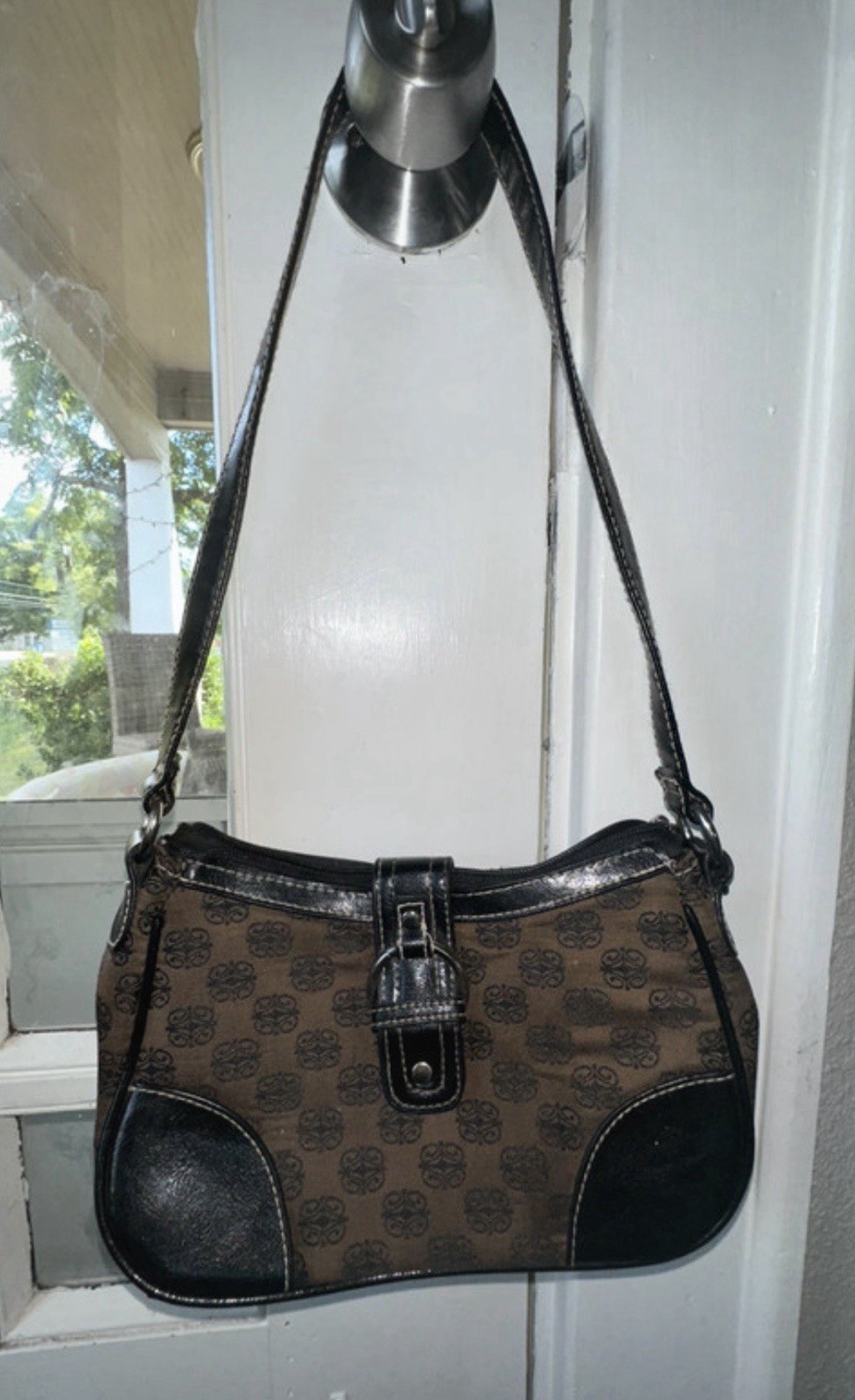 Brown & Black Logo Shoulder Bag, Zip/Magnetic Snap, Lined, Inner Pockets