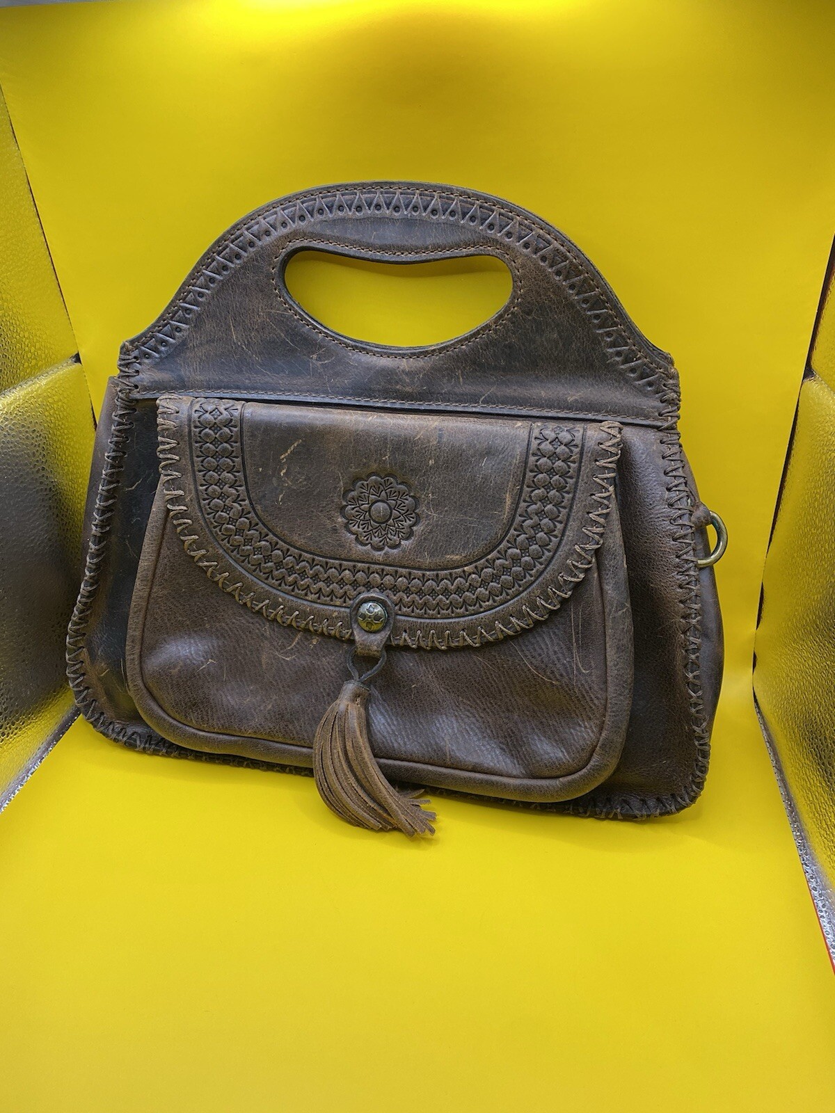 Patricia Nash Brown Leather Tooled Embossed Shoulder Strap and Hand Carry Purse