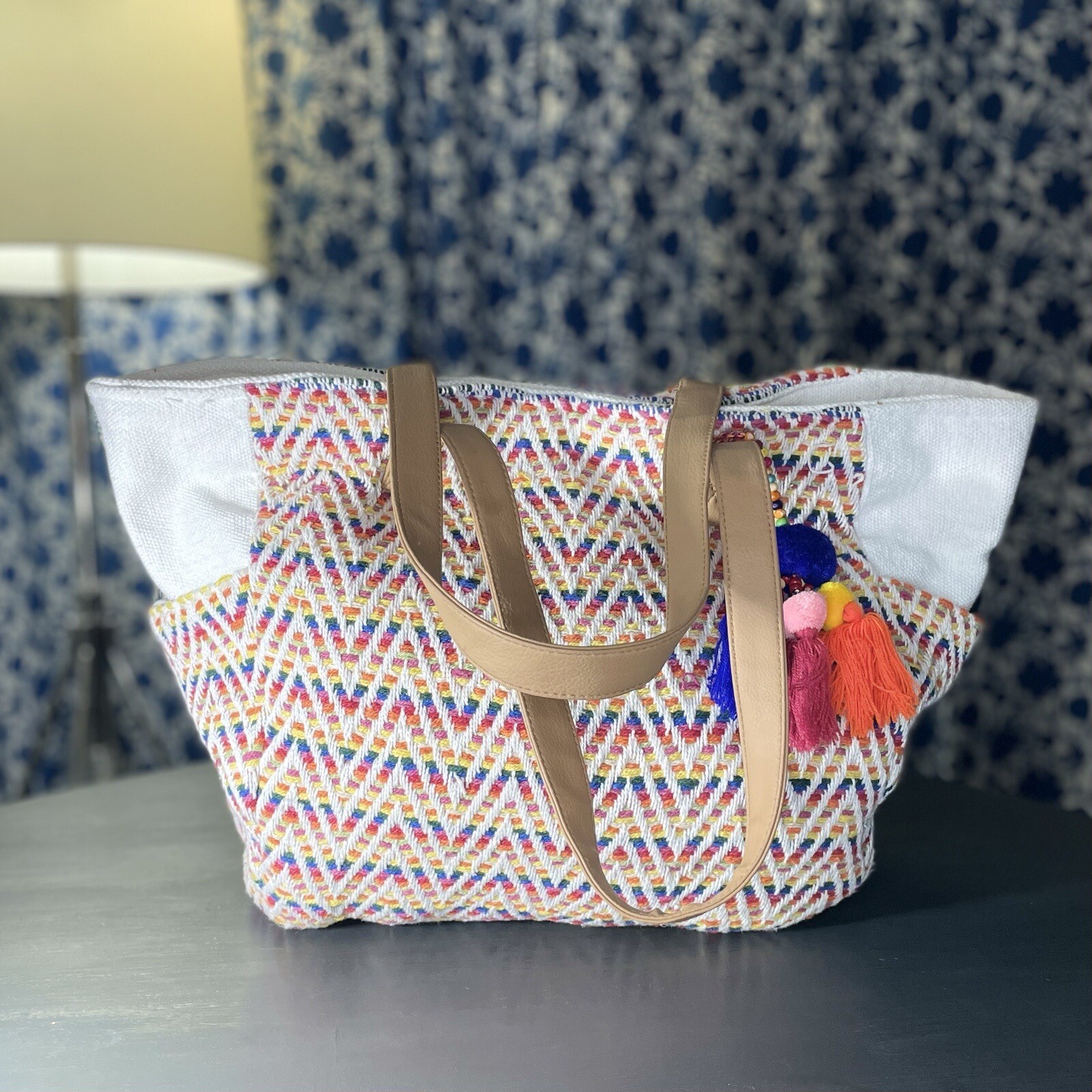 No Boundaries Caroline Aztec Boho Chevron Woven Beach Tote Bag