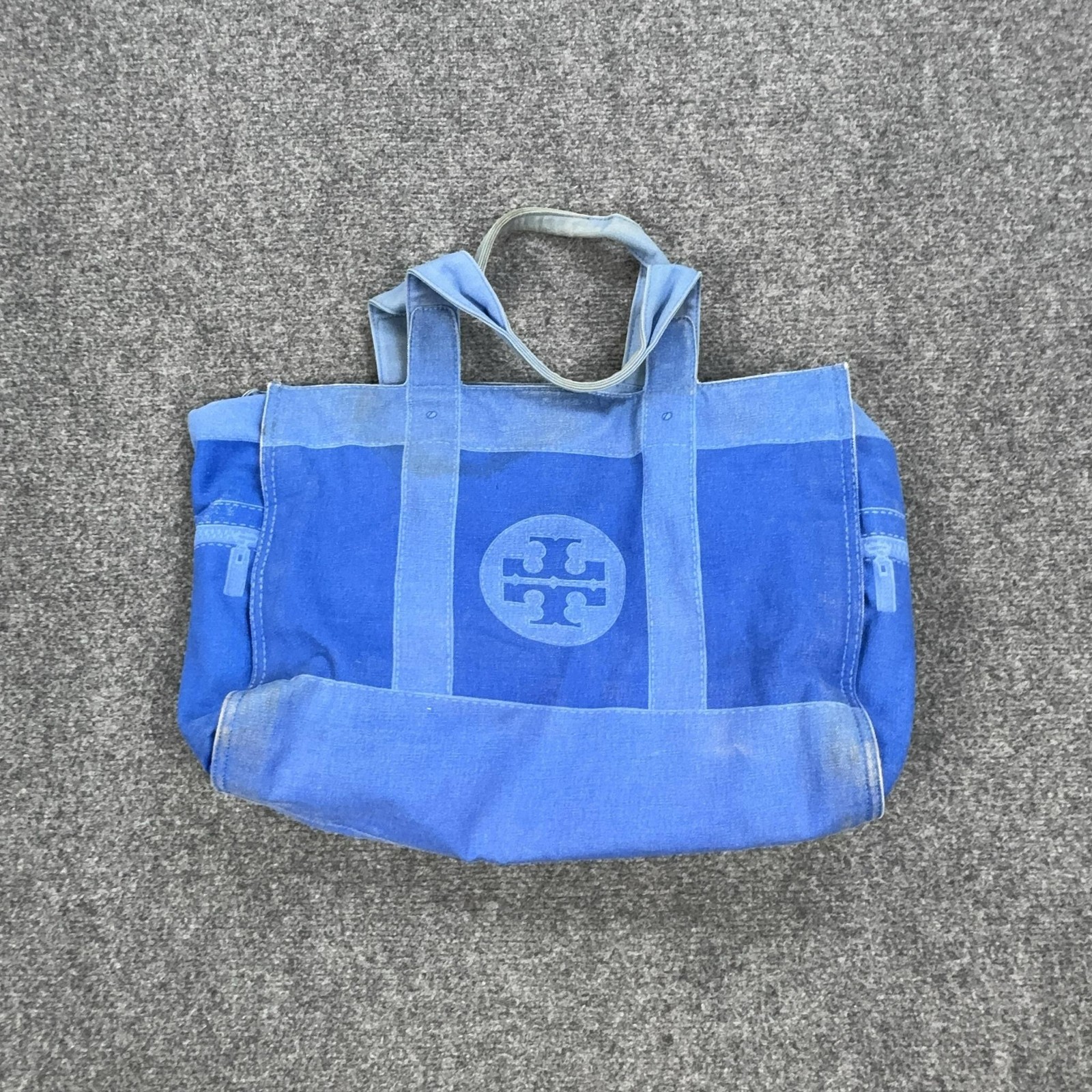 Tory Burch Tote Bag Womens Large Blue Canvas Logo Beach Travel Shoulder Zip