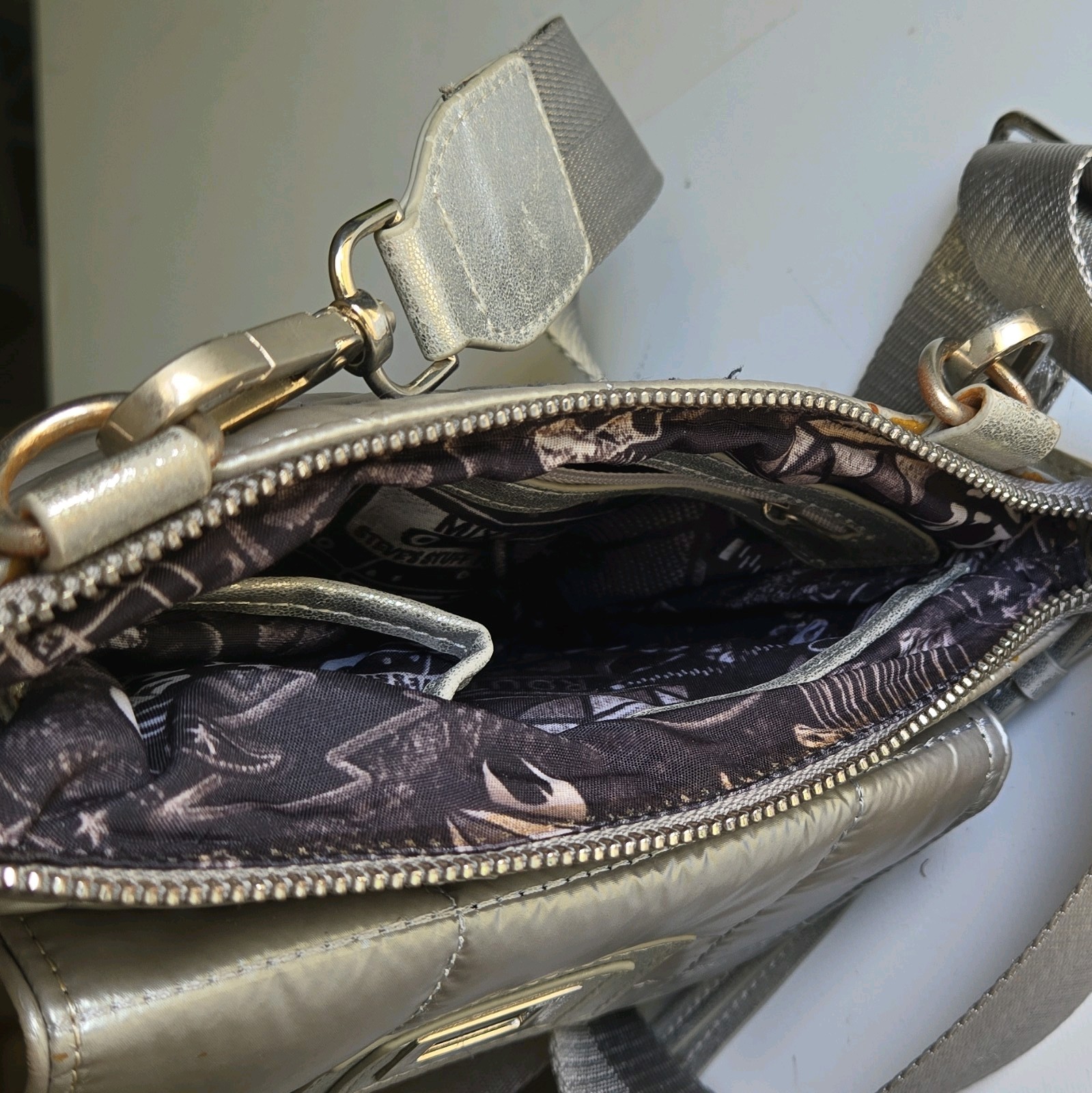 Silver Metallic Quilted Crossbody Bag, Zip Closure, Detachable Strap, Pockets