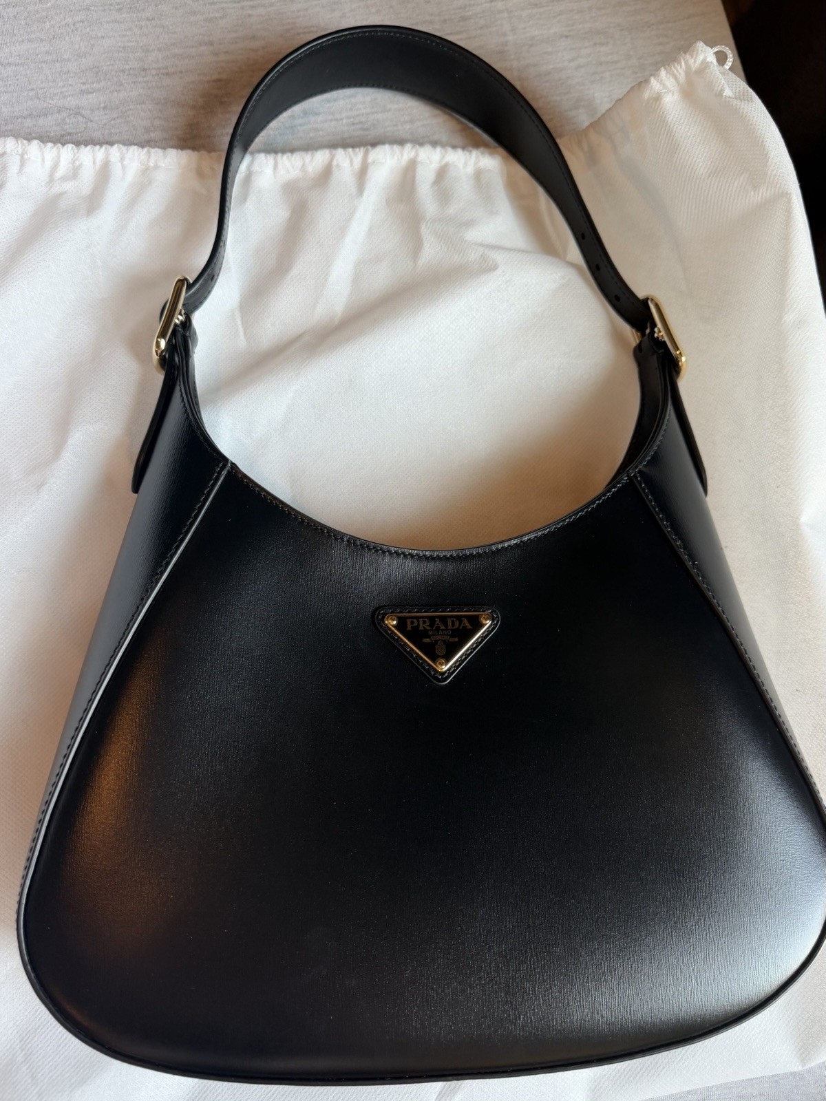 PRADA Black leather Shoulder Bag Gold Logo