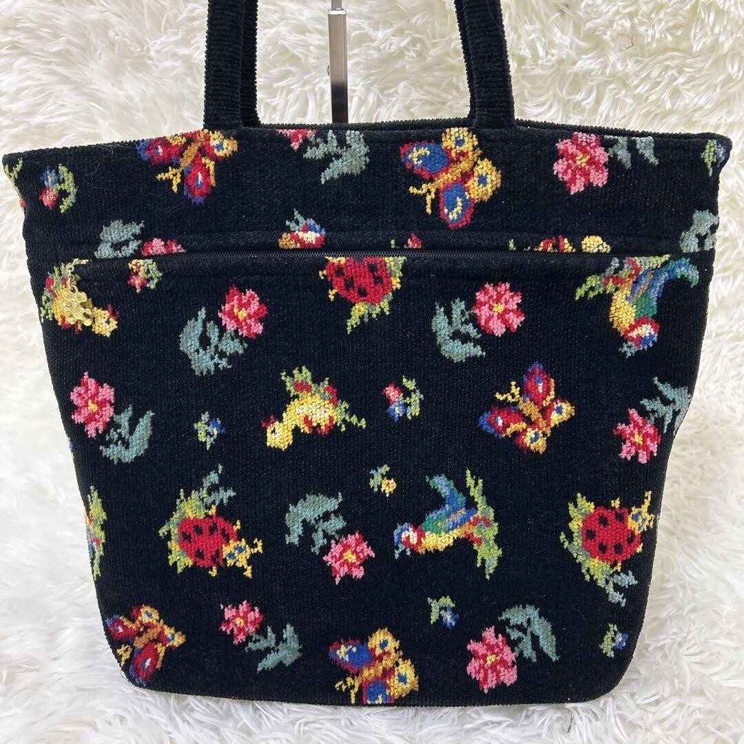 FEILER Heidi Black Chenille Tote Bag Floral Insect A4 Shoulder 14.6x11in