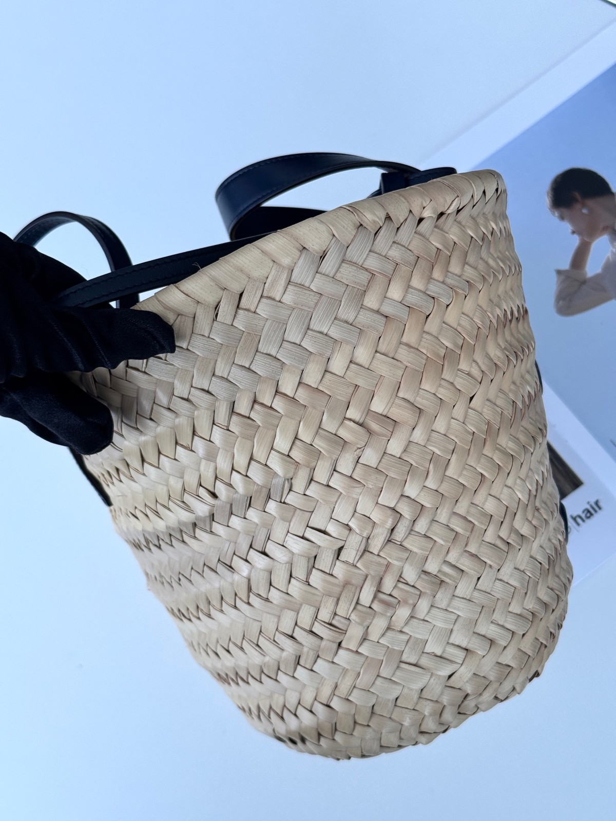 Celine Triomphe Classic Med Lrg Raffia Panier Tote Bag Natural Straw Black