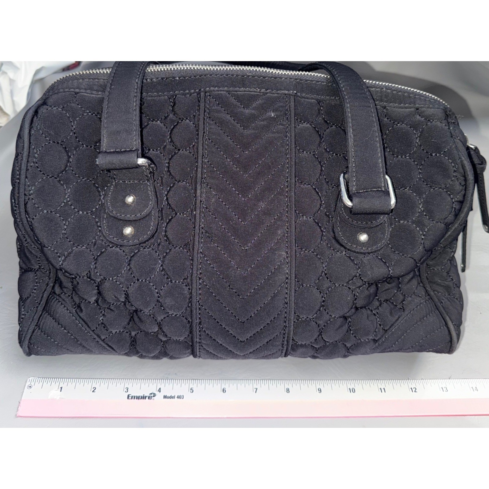 Vera Bradley Black Quilted Microfiber Satchel Floral Lining Handbag Silver Logo