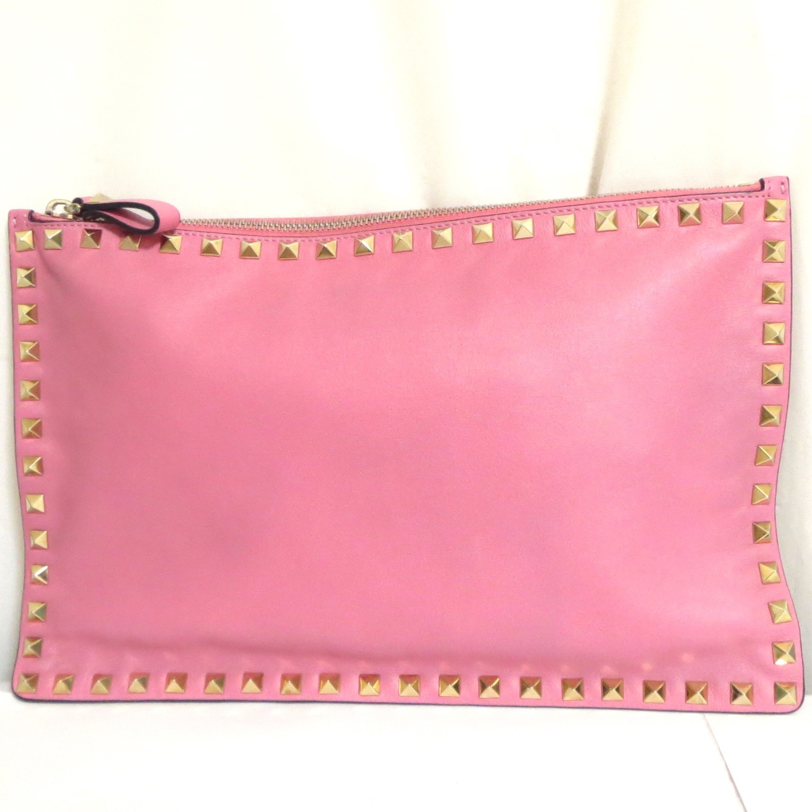 Auth VALENTINO GARAVANI Rock Stud Pink Leather Clutch Bag Purse Made Italy 30cm