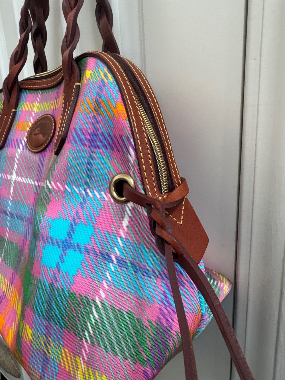 Dooney & Bourke Multicolor Plaid Satchel with Brown Trim