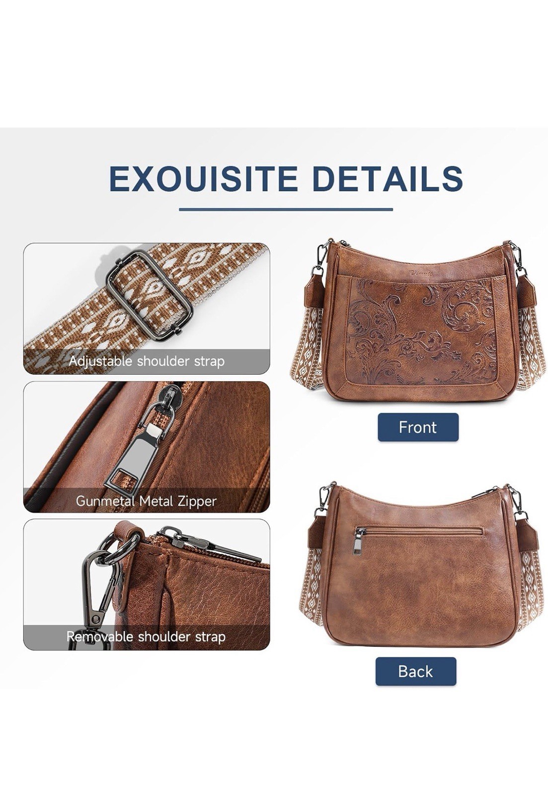 Women Crossbody Bag Vegan Leather Purse Multi Pocket Flower Strap Brown NWT