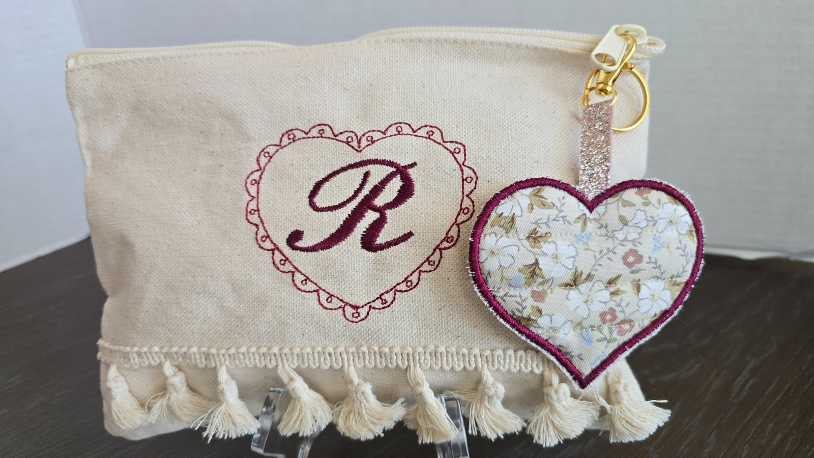 Canva Wristlet Monogram Initial, Heart Machine Embroidered Handmade