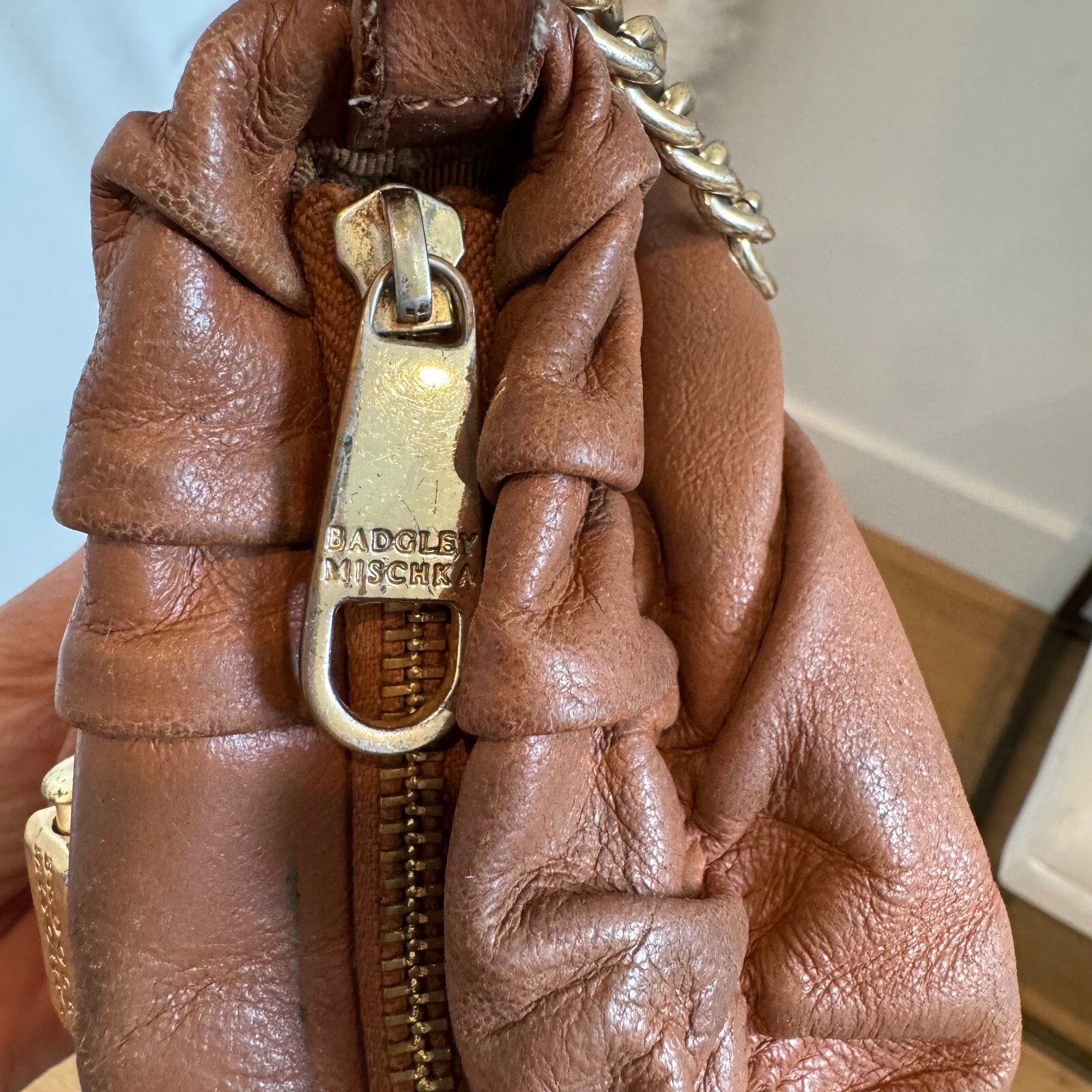 Badgley Mischka Caramel Brown Leather Mini Bucket Bag Crossbody Purse